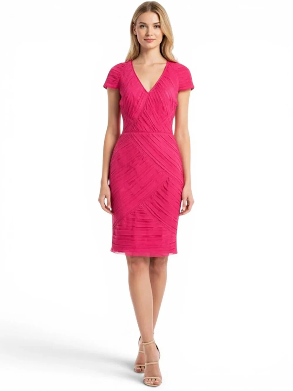Tadashi Shoji Pink Fuchsia Silk Chiffon V-Neck Cocktail Party Sheath Dress 12
